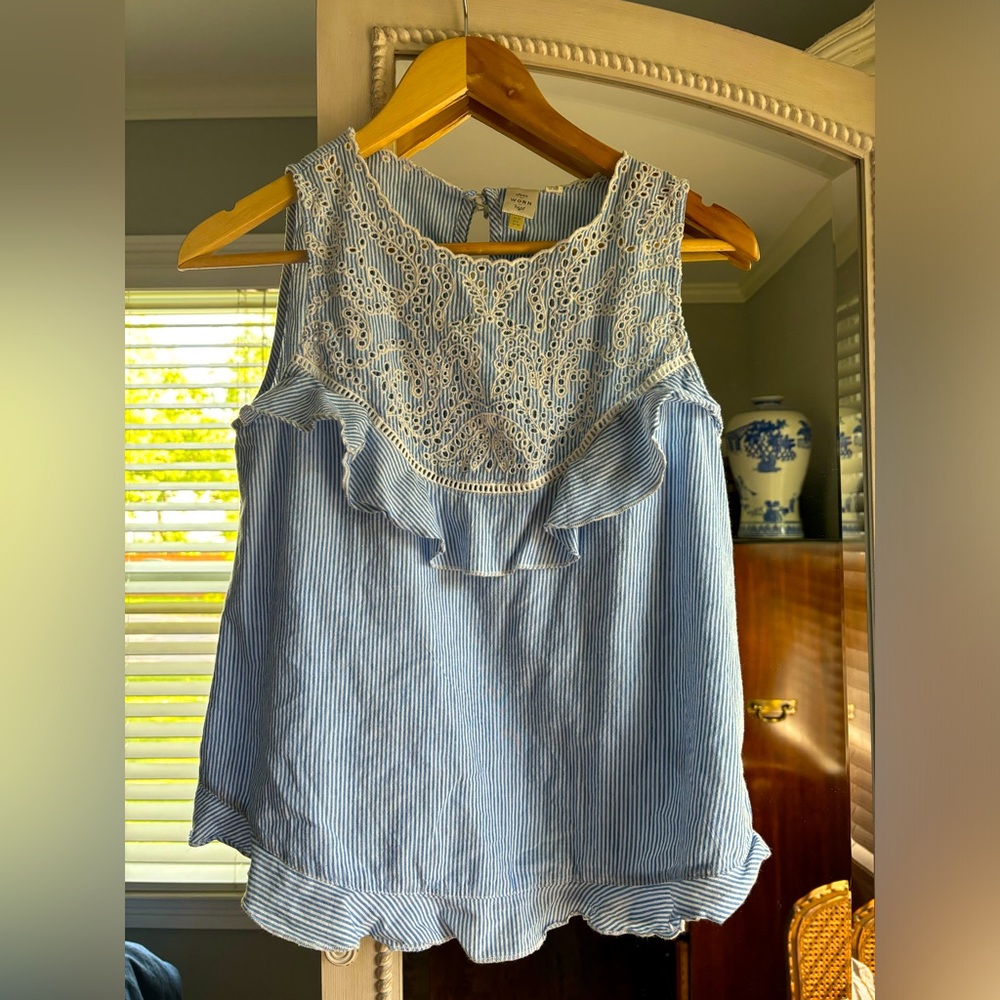 Anthropologie Seen Worn Kept Blue White Stripe Eyelet Cotton Top size 6